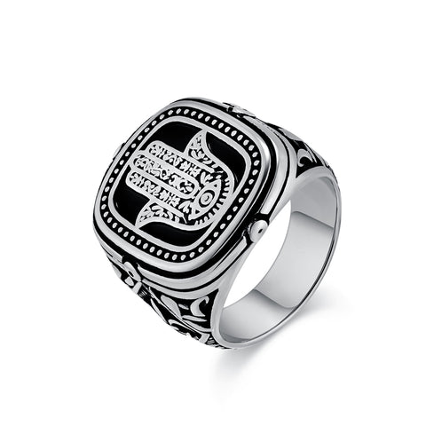 Men's Hamsa Hand Ring - Vintage Black Engraved Signet Ring for Protection and Style-Men's Ring-SunnyHouse Jewelry