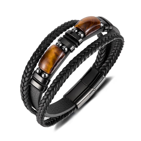 Men’s Tiger Eye Stone Bracelet – Titanium Stainless Steel & Black Braided Leather Wrap Bracelet – Natural Gemstone Jewelry for Men-Men's Bracelet-SunnyHouse Jewelry