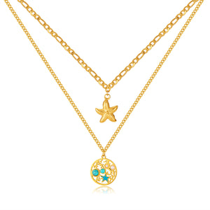 Women’s Fashion Pendant Necklace – Double Layer Gold Starfish & Ocean Round Pendant with Turquoise Inlay – Beach Jewelry for Women-Women's Necklace-SunnyHouse Jewelry