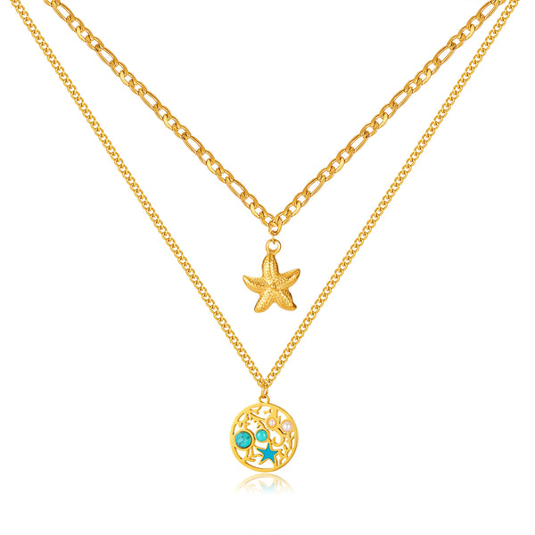 Women’s Fashion Pendant Necklace – Double Layer Gold Starfish & Ocean Round Pendant with Turquoise Inlay – Beach Jewelry for Women-Women's Necklace-SunnyHouse Jewelry