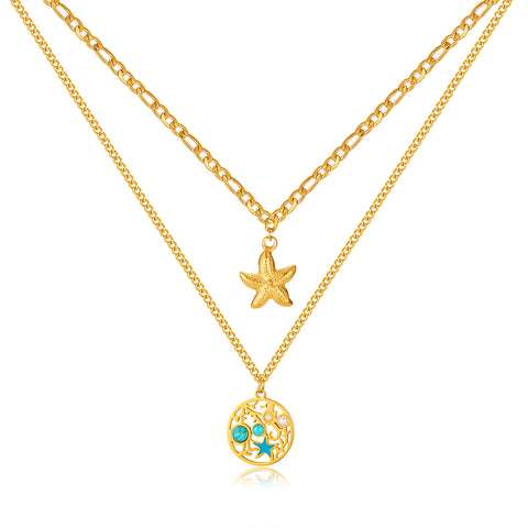Women’s Fashion Pendant Necklace – Double Layer Gold Starfish & Ocean Round Pendant with Turquoise Inlay – Beach Jewelry for Women-Women's Necklace-SunnyHouse Jewelry