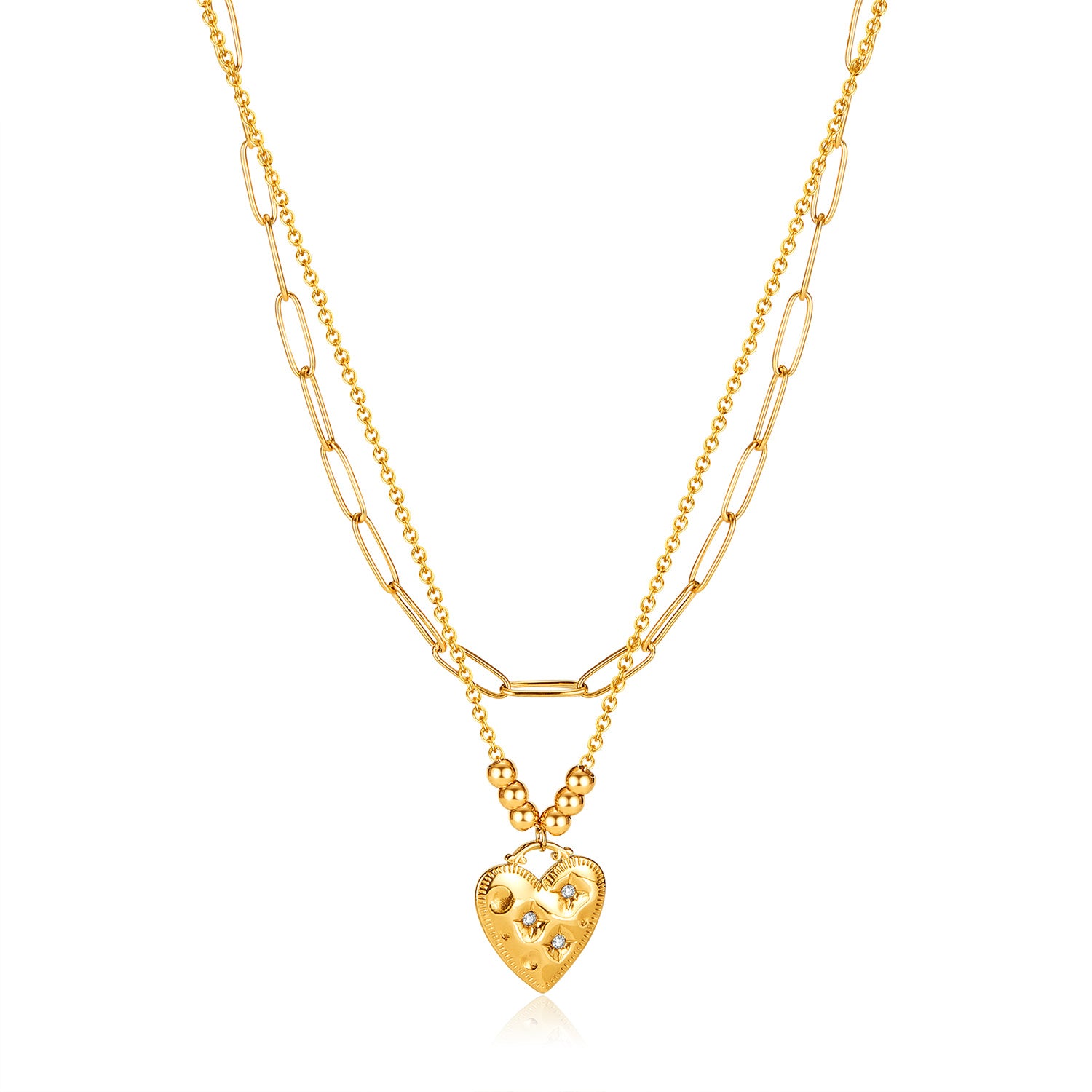 Women’s Lucky Heart Pendant Necklace – Gold-Tone Layered Chain with Cubic Zirconia, Fashion Jewelry for Everyday Wear-Women's Necklace-SunnyHouse Jewelry