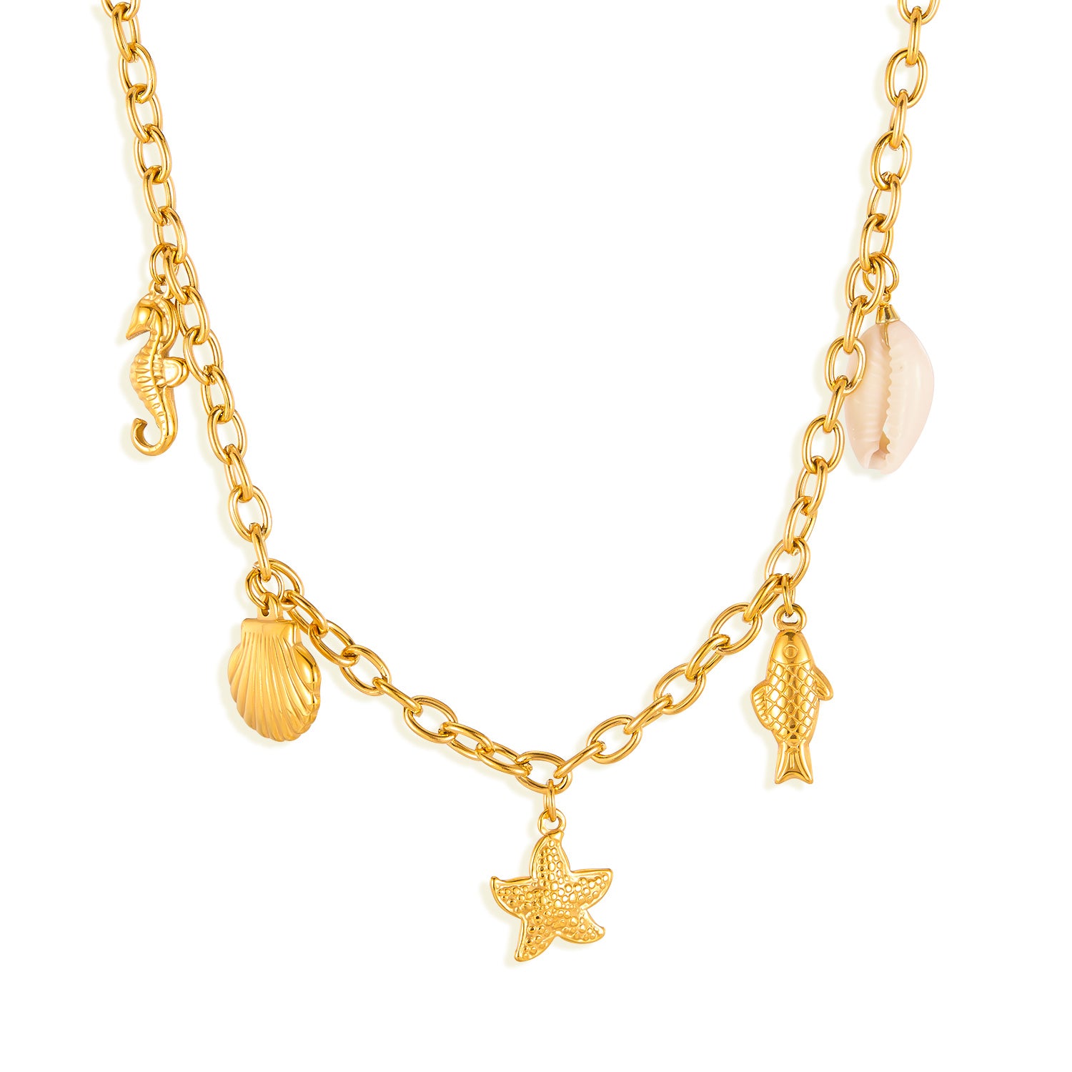 Women’s Titanium Stainless Steel Ocean Charm Pendant Necklace – Gold-Plated Chain with Starfish, Shell, Fish, Seahorse & Cowrie Charms, Hypoallergenic Summer Jewelry-Women's Necklace-SunnyHouse Jewelry