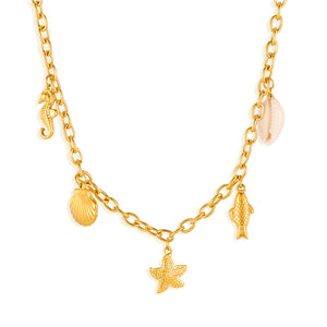 Women’s Titanium Stainless Steel Ocean Charm Pendant Necklace – Gold-Plated Chain with Starfish, Shell, Fish, Seahorse & Cowrie Charms, Hypoallergenic Summer Jewelry-Women's Necklace-SunnyHouse Jewelry