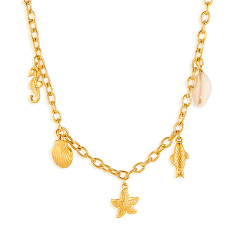 Women’s Titanium Stainless Steel Ocean Charm Pendant Necklace – Gold-Plated Chain with Starfish, Shell, Fish, Seahorse & Cowrie Charms, Hypoallergenic Summer Jewelry-Women's Necklace-SunnyHouse Jewelry