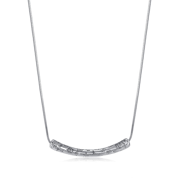 Women’s Lucky Bar Pendant Necklace – Silver Engraved Floral Design, Minimalist Fashion Jewelry for Women, Durable Everyday Necklace-Women's Necklace-SunnyHouse Jewelry