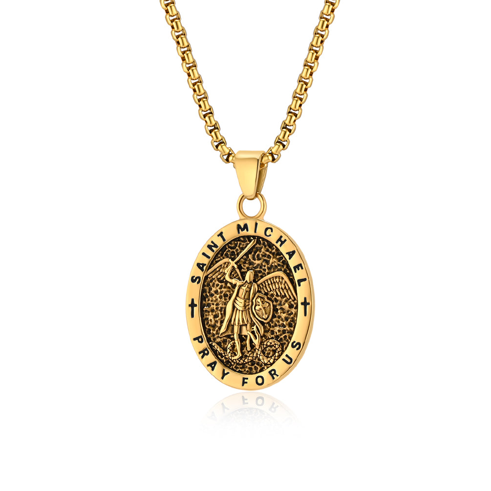 Saint Michael Pendant Necklace for Men, Oval Necklace, Religious Protection Medal, Christian Jewelry, Hypoallergenic & Durable Chain-Men's Pendant Necklace-SunnyHouse Jewelry