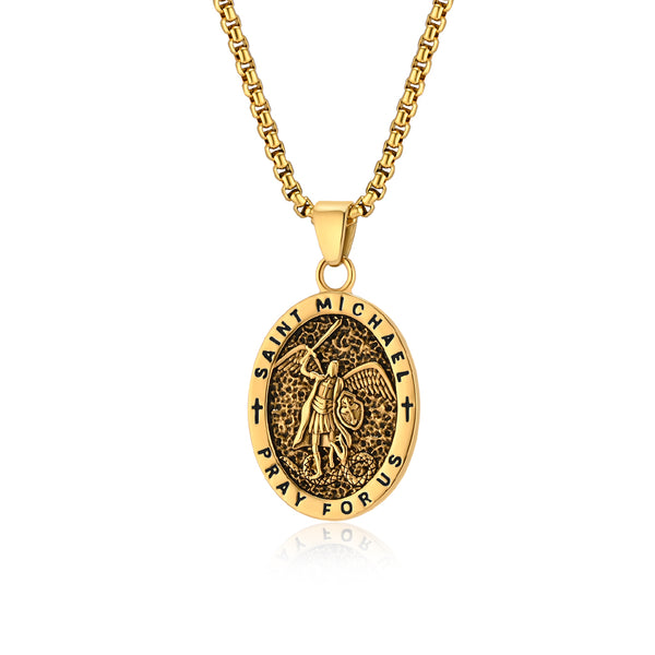Saint Michael Pendant Necklace for Men, Oval Necklace, Religious Protection Medal, Christian Jewelry, Hypoallergenic & Durable Chain-Men's Pendant Necklace-SunnyHouse Jewelry