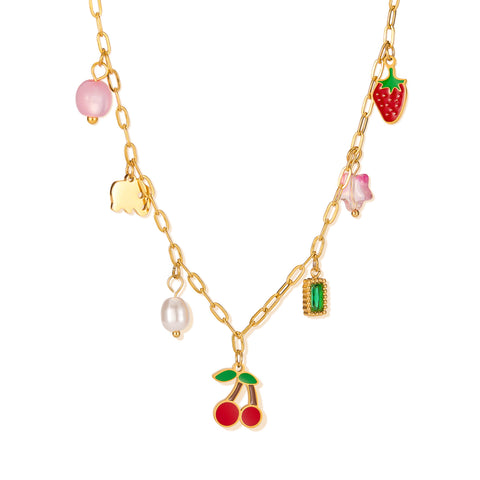Women’s Titanium Stainless Steel Charm Pendant Necklace – Colorful Cherry, Pearl & Strawberry Dangle Charms – Gold Plated Playful Statement Necklace – Hypoallergenic & Durable-Women's Necklace-SunnyHouse Jewelry