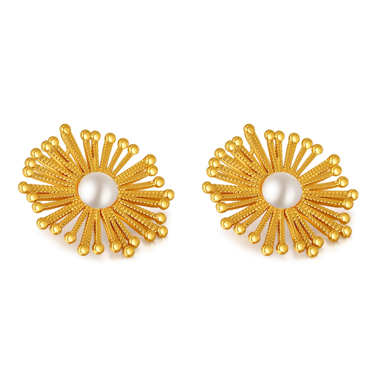 Women’s Gold Sunburst Pearl Earrings – Elegant Statement Stud Earrings with Simulated Pearl Center, Fashion Jewelry for Women and Girls-Women's Earrings-SunnyHouse Jewelry