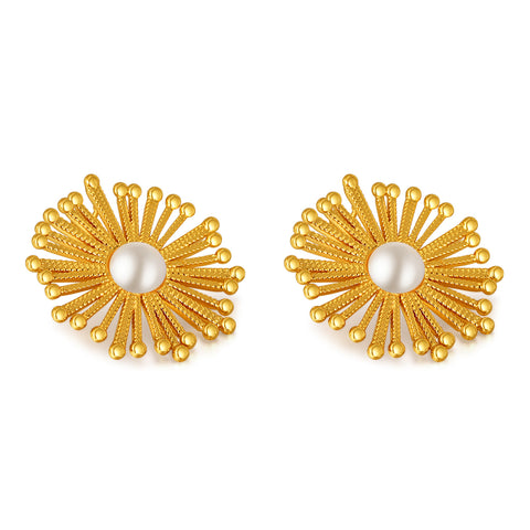 Women’s Gold Sunburst Pearl Earrings – Elegant Statement Stud Earrings with Simulated Pearl Center, Fashion Jewelry for Women and Girls-Women's Earrings-SunnyHouse Jewelry