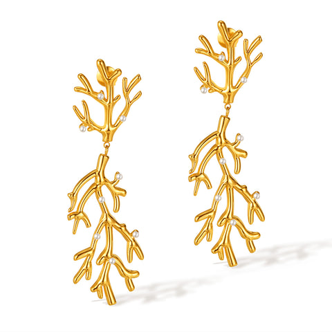 Women’s Gold Coral Branch Pearl Drop Earrings – Ocean-Inspired Long Dangle Earrings with Simulated Pearls, Statement Jewelry for Women and Girls-Women's Earrings-SunnyHouse Jewelry