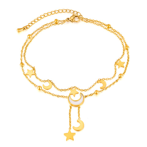 Women’s Titanium Stainless Steel Moon and Star Anklet – Gold Double-Layer Adjustable Chain Anklet with Celestial Charms – Hypoallergenic, Waterproof, Tarnish-Resistant-Women's Anklet-SunnyHouse Jewelry