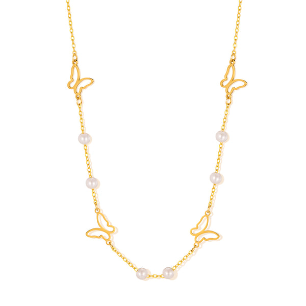 Women’s Butterfly Pendant Necklace – Gold Plated Titanium Stainless Steel with Faux Pearls – Dainty Hypoallergenic Chain Necklace – Elegant Nature-Inspired Jewelry-Women's Necklace-SunnyHouse Jewelry