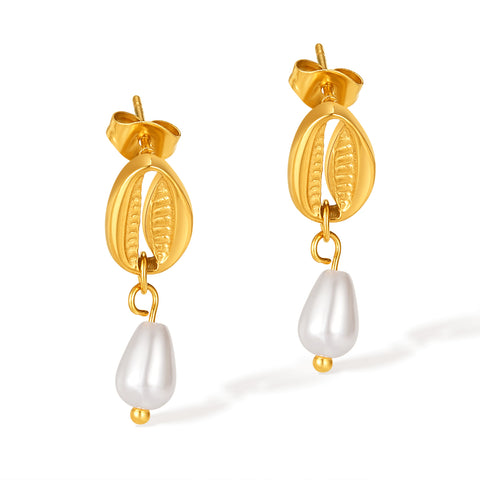 Women’s Gold Cowrie Shell Pearl Drop Earrings – Elegant Seashell Dangle Earrings with Simulated Pearls, Ocean-Inspired Jewelry for Women and Girls-Women's Earrings-SunnyHouse Jewelry