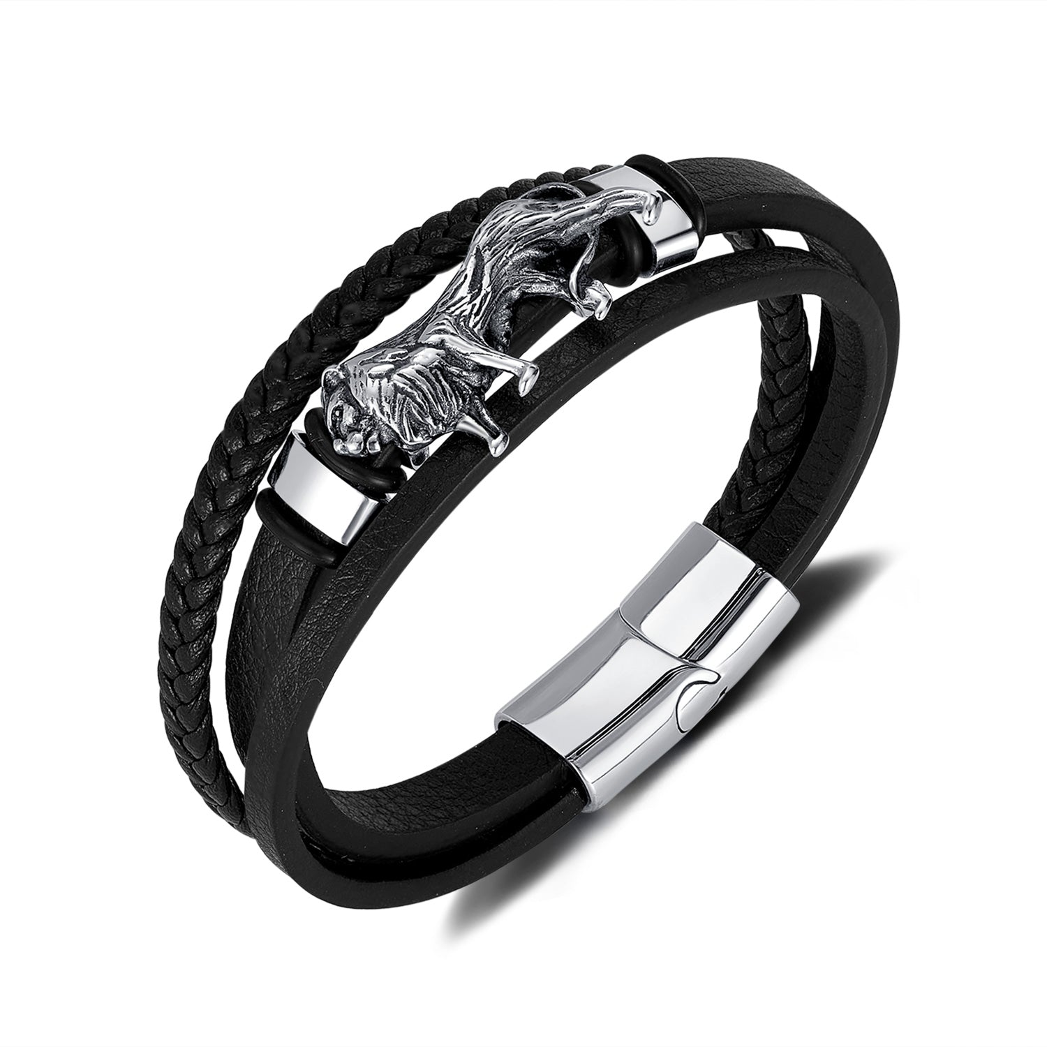 Men’s Leather Bracelet with Wolf Head Design – Braided Leather & Stainless Steel Magnetic Clasp, Durable Fashion Jewelry for Men-Men's Bracelet-SunnyHouse Jewelry