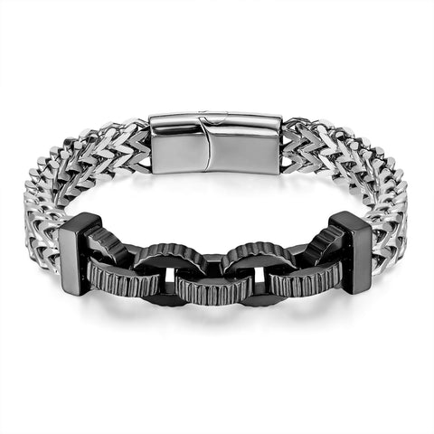 Men’s Stainless Steel Chain Bracelet – Two-Tone Black & Silver Link Design, Heavy-Duty Cuban Chain Style with Fold-Over Clasp, Durable Men’s Fashion Jewelry-Men's Bracelet-SunnyHouse Jewelry