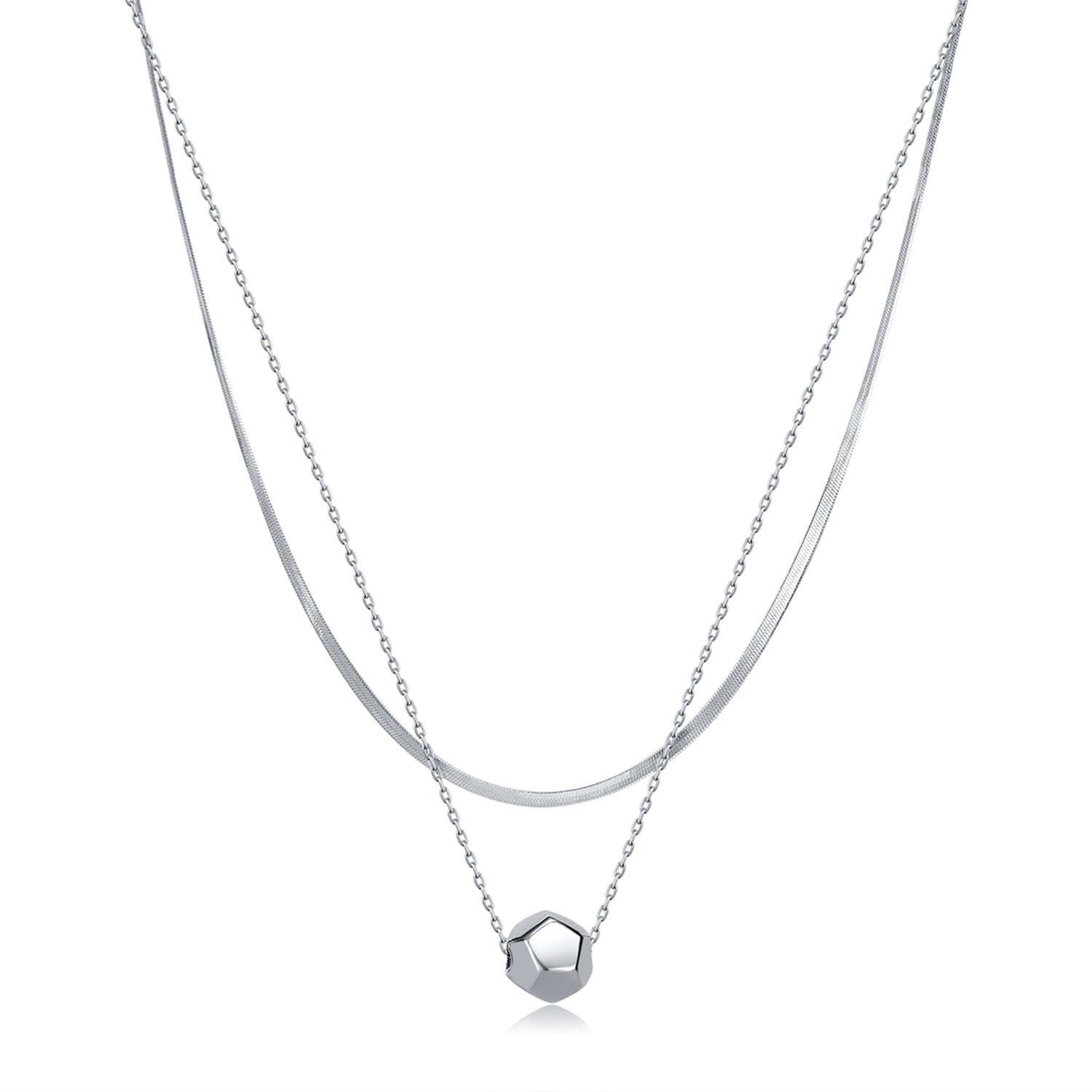 Women’s Lucky Ball Layered Pendant Necklace – Silver Double Chain with Geometric Charm, Minimalist Durable Fashion Jewelry for Women-Women's Necklace-SunnyHouse Jewelry