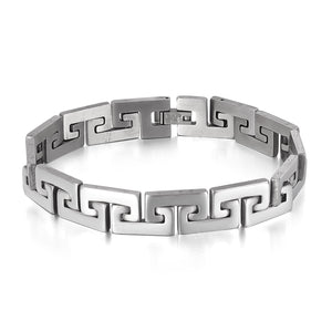 Men’s Titanium Stainless Steel Bracelet – Greek Key Link Chain Design, Polished Silver, Durable & Hypoallergenic Classic Bracelet for Men-Men's Bracelet-SunnyHouse Jewelry