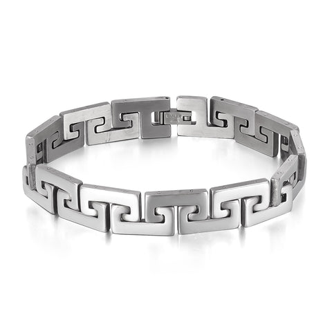 Men’s Titanium Stainless Steel Bracelet – Greek Key Link Chain Design, Polished Silver, Durable & Hypoallergenic Classic Bracelet for Men-Men's Bracelet-SunnyHouse Jewelry
