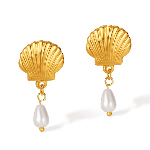 Women’s Gold Shell Pearl Drop Earrings – Elegant Seashell Dangle Earrings with Simulated Pearl, Ocean-Inspired Jewelry for Women and Girls-Women's Earrings-SunnyHouse Jewelry