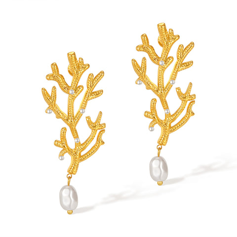 Women’s Gold Coral Pearl Drop Earrings – Ocean-Inspired Statement Earrings with Simulated Pearls, Elegant Dangle Jewelry for Women and Girls-Women's Earrings-SunnyHouse Jewelry