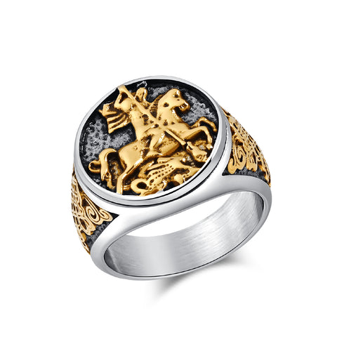 Men's Titanium Stainless Steel St. George Signet Ring - Vintage Warrior Design for Strength and Courage-Men's Ring-SunnyHouse Jewelry