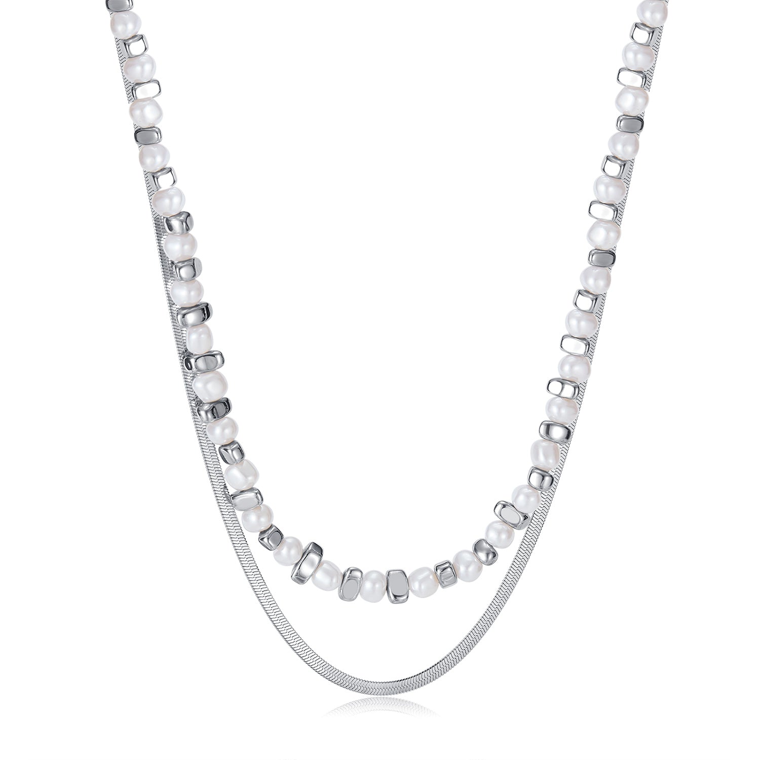 Women’s Stainless Steel Pearl and Hematite Necklace – Silver Chain Layered Design, Durable Fashion Jewelry, Elegant Pendant Necklace for Women-Women's Necklace-SunnyHouse Jewelry