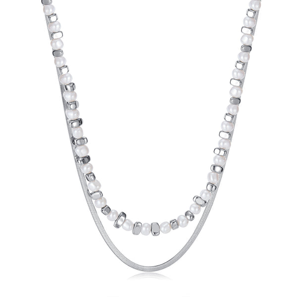 Women’s Stainless Steel Pearl and Hematite Necklace – Silver Chain Layered Design, Durable Fashion Jewelry, Elegant Pendant Necklace for Women-Women's Necklace-SunnyHouse Jewelry