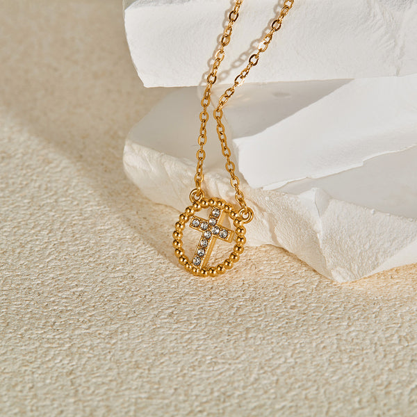 Women's Titanium Stainless Steel Cross Pendant Necklace, Gold-Plated Circle with Crystal Accents – Elegant Religious Jewelry for Everyday and Special Occasions-Women's Necklace-SunnyHouse Jewelry