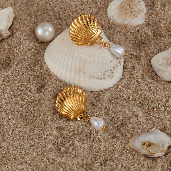 Women’s Gold Shell Pearl Drop Earrings – Elegant Seashell Dangle Earrings with Simulated Pearl, Ocean-Inspired Jewelry for Women and Girls-Women's Earrings-SunnyHouse Jewelry