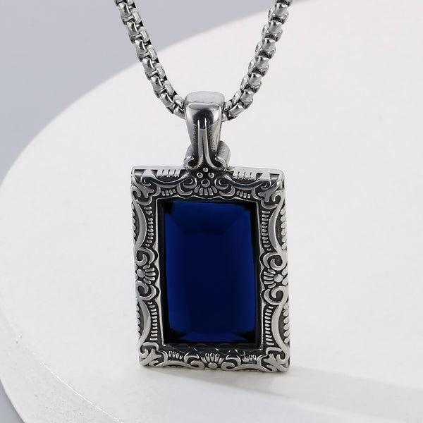 Men’s Titanium Stainless Steel Blue Stone Pendant Necklace – Vintage-Style Rectangular Pendant with Intricate Detailing – Durable Fashion Necklace for Men-Men's Pendant Necklace-SunnyHouse Jewelry