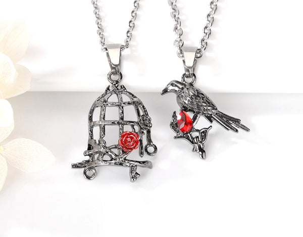 Couple Matching Bird & Cage Pendant Necklaces – Matching His & Hers Love Necklaces with Red Crystal Rose, Romantic Jewelry for Anniversary, Valentine’s Day, Birthday Gift-Couple Pendant Necklace-SunnyHouse Jewelry