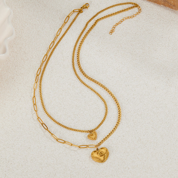 Women’s Fashion Layered Pendant Necklace – Gold-Tone Double Chain with Heart Charms, Fashion Jewelry for Women and Girls-Women's Necklace-SunnyHouse Jewelry