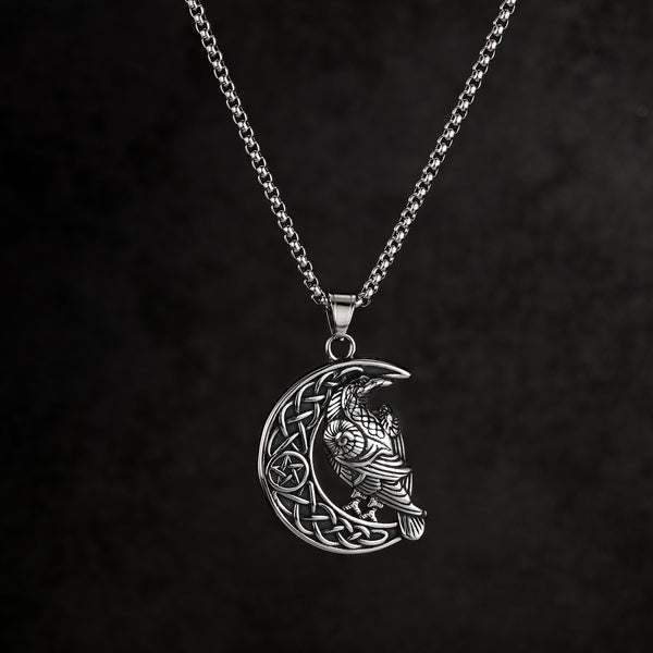 Celtic Crow Moon Pendant Necklace for Men – Titanium Stainless Steel Raven Necklace with Pentagram and Knotwork – Norse Viking Bird Amulet Jewelry-Men's Pendant Necklace-SunnyHouse Jewelry