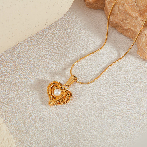 Women’s Titanium Stainless Steel Heart Pendant Necklace with Pearl Accent, Gold-Plated Adjustable Chain, Hypoallergenic Elegant Jewelry for Women and Girls-Women's Necklace-SunnyHouse Jewelry