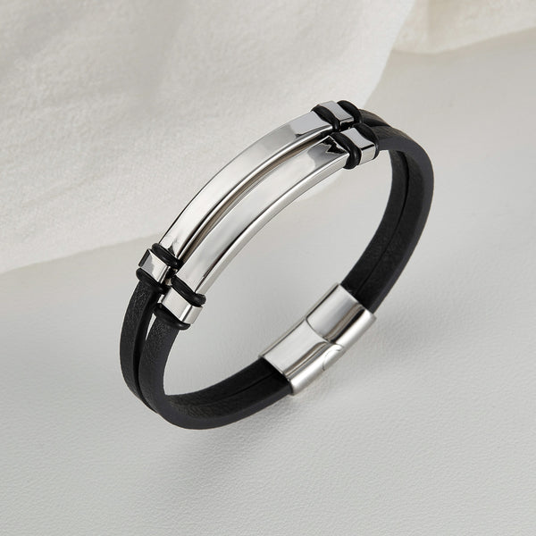 Men's Sleek Leather Bracelet with Polished Stainless Steel Bar - Minimalist and Stylish Accessory-Men's Bracelet-SunnyHouse Jewelry