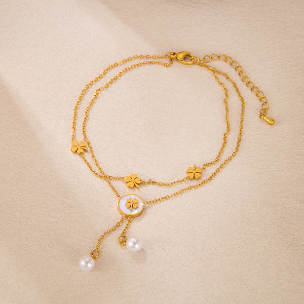 Women's Titanium Stainless Steel Anklet with Lucky Clover Charms and Pearl Pendants, Gold Plated Adjustable Double Layer Chain Foot Bracelet-Women's Anklet-SunnyHouse Jewelry