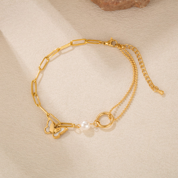 Women's Titanium Stainless Steel Anklet with Butterfly Charm and Pearl Bead, Gold Plated Adjustable Chain Link Foot Bracelet-Women's Anklet-SunnyHouse Jewelry