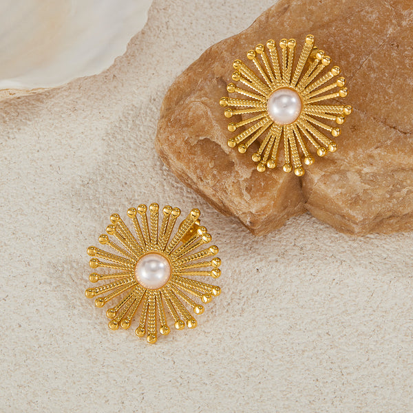 Women’s Gold Sunburst Pearl Earrings – Elegant Statement Stud Earrings with Simulated Pearl Center, Fashion Jewelry for Women and Girls-Women's Earrings-SunnyHouse Jewelry