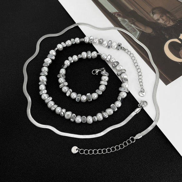 Women’s Stainless Steel Pearl and Hematite Necklace – Silver Chain Layered Design, Durable Fashion Jewelry, Elegant Pendant Necklace for Women-Women's Necklace-SunnyHouse Jewelry