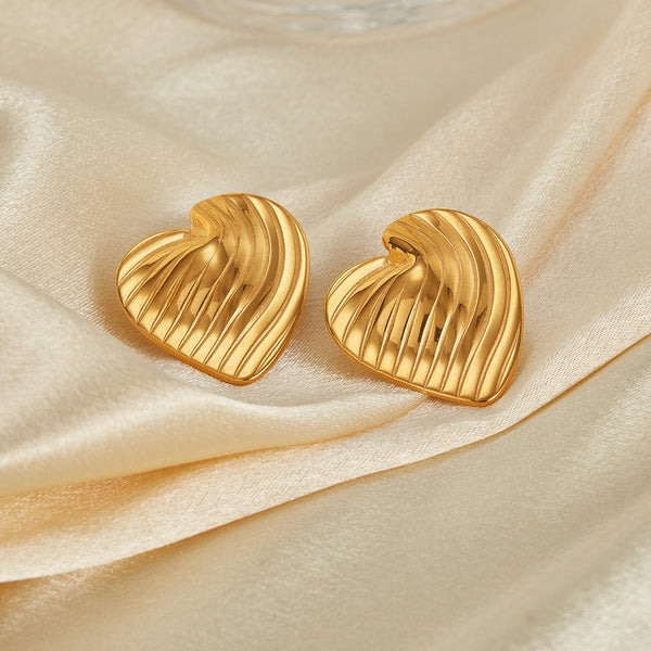 Women's Sculpted Gold Heart Earrings - Elegant Swirl Design Studs for Everyday Glamour-Women's Earrings-SunnyHouse Jewelry