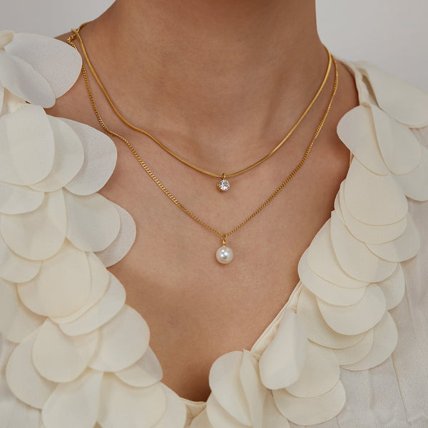 Women’s Titanium Stainless Steel Layered Pearl and Crystal Pendant Necklace, Gold-Plated with Adjustable Chain – Elegant Jewelry for Casual and Formal Occasions-Women's Necklace-SunnyHouse Jewelry