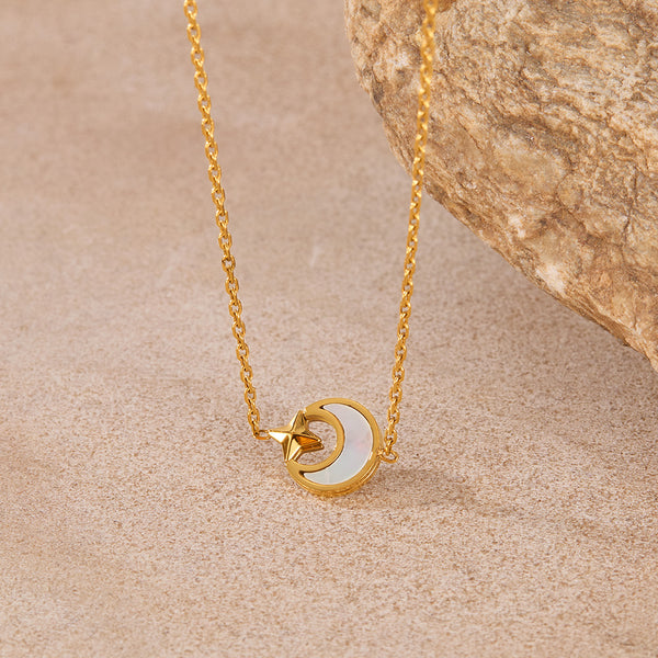 Women’s Titanium Stainless Steel Moon and Star Pendant Necklace – Gold Plated Celestial Design with Mother of Pearl Inlay – Dainty Hypoallergenic Jewelry-Women's Necklace-SunnyHouse Jewelry