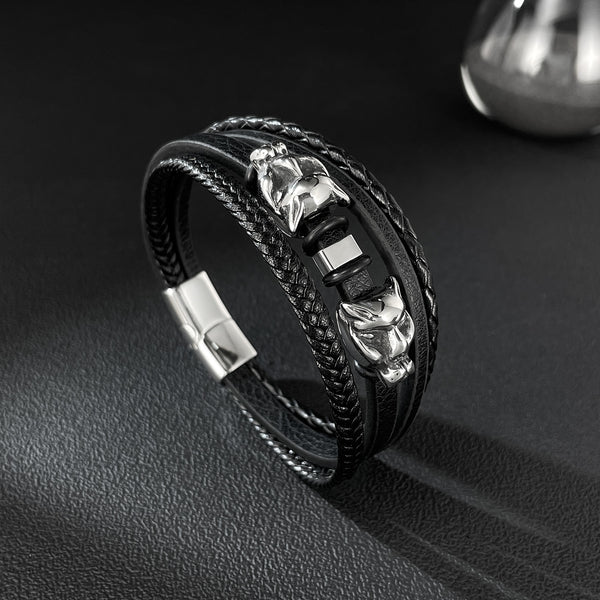 Men’s Wolf Head Bracelet – Titanium Stainless Steel & Black Braided Leather Wrap Bracelet – Norse Viking-Inspired Jewelry for Men-Men's Bracelet-SunnyHouse Jewelry