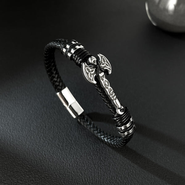 Men’s Viking Leather Bracelet with Stainless Steel Axe Charm – Braided Black Leather Norse Bracelet, Magnetic Clasp, Nordic Warrior Jewelry for Men-Men's Bracelet-SunnyHouse Jewelry