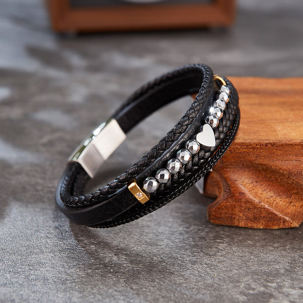Men's Multi-Strand Leather Bracelet with Heart and Stainless Steel Beads – Stylish, Magnetic Closure-Men's Bracelet-SunnyHouse Jewelry