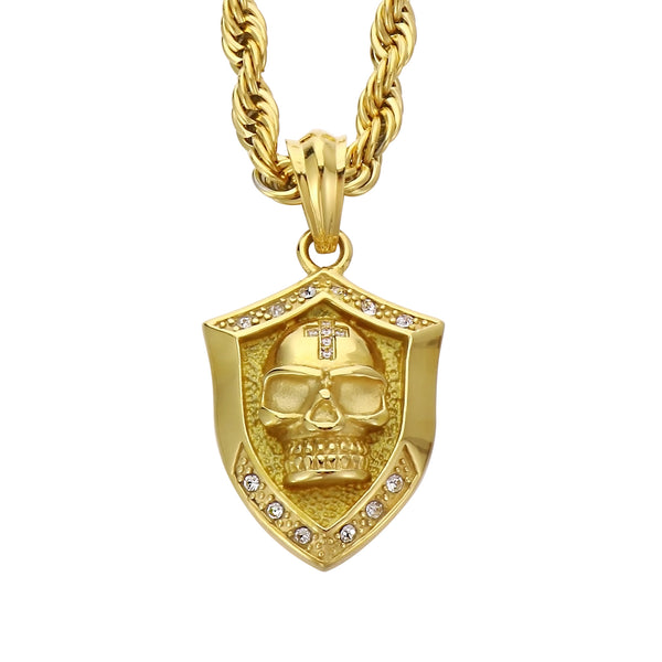 Men’s Titanium Stainless Steel Skull Pendant Necklace – Gold-Plated Shield Design with Crystals – Durable Fashion Necklace for Men-Men's Pendant Necklace-SunnyHouse Jewelry