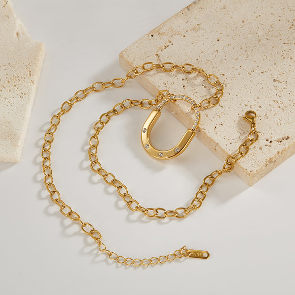 Women's Titanium Stainless Steel Oval Pendant Necklace with Cubic Zirconia – Gold-Plated Chain – Hypoallergenic & Tarnish Resistant-Women's Necklace-SunnyHouse Jewelry
