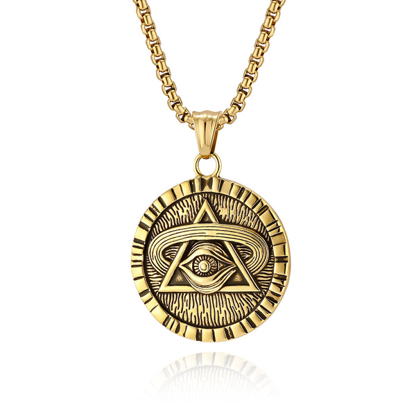 Men's Titanium Stainless Steel All-Seeing Eye Pendant Necklace - Vintage Symbolic Jewelry with Triangle and Eye Design-Men's Pendant Necklace-SunnyHouse Jewelry